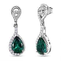 D'joy Lab Grown Emerald, White Zircon Dangling Teardrop Earring in Rhodium Overlay Sterling Silver 2.62 Ct.