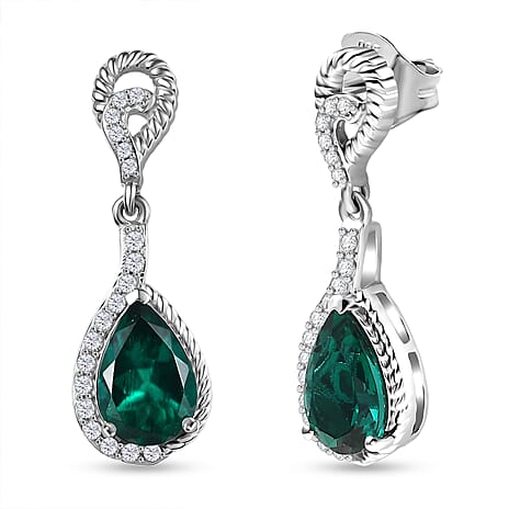 Lab Grown Emerald & White Zircon Dangling Earring in Rhodium Overlay Sterling Silver 2.62 Ct.