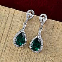 D'joy Lab Grown Emerald, White Zircon Dangling Teardrop Earring in Rhodium Overlay Sterling Silver 2.62 Ct.
