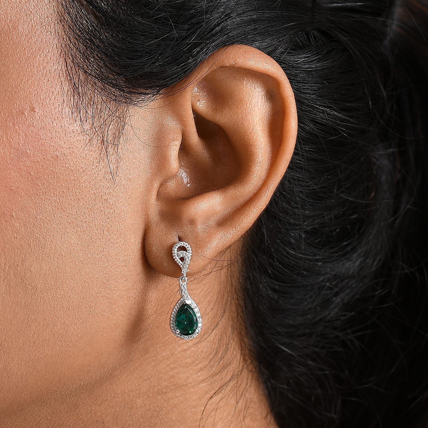 Lab Grown Emerald & White Zircon Dangling Earring in Rhodium Overlay Sterling Silver 2.62 Ct.