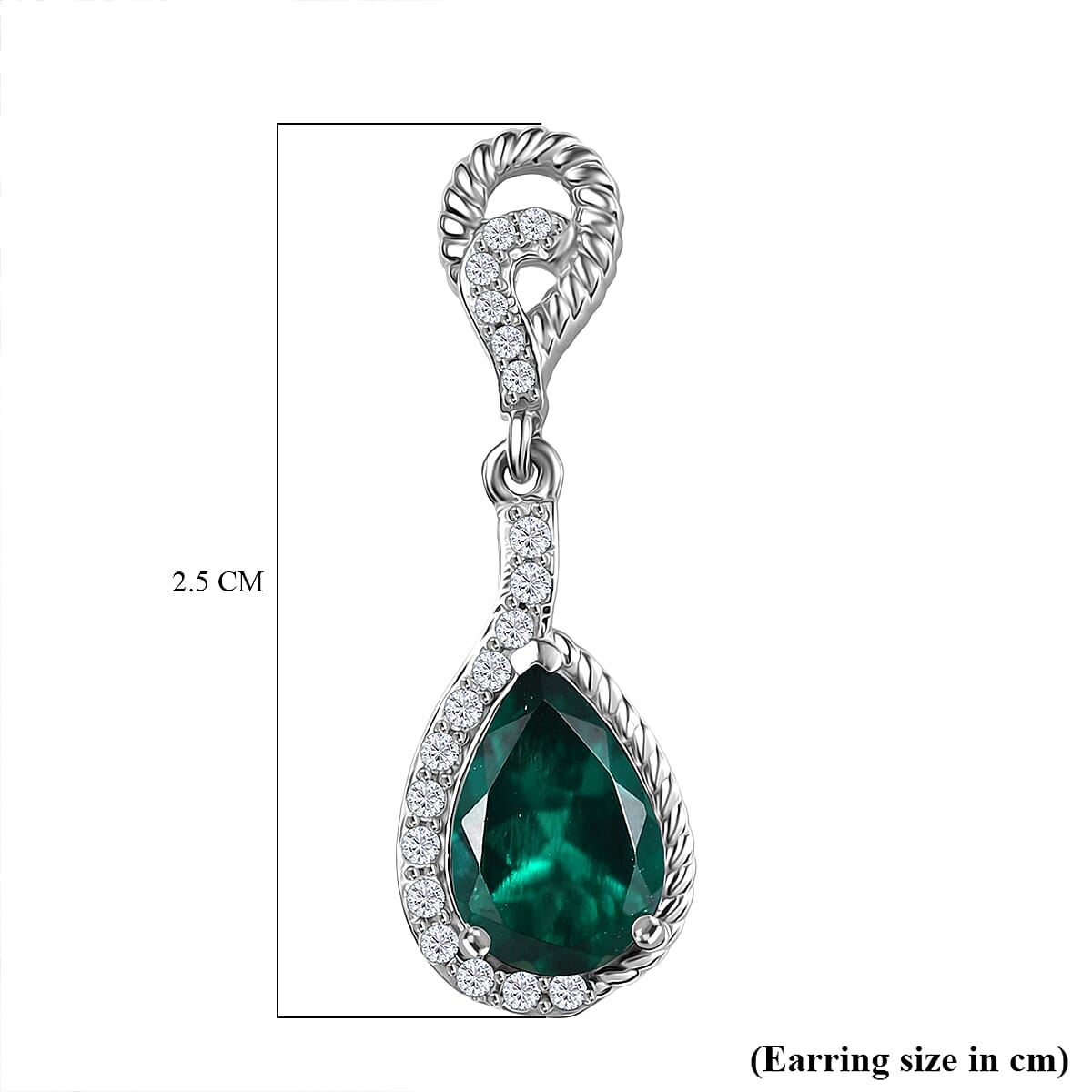 Lab Grown Emerald & White Zircon Dangling Earring in Rhodium Overlay Sterling Silver 2.62 Ct.