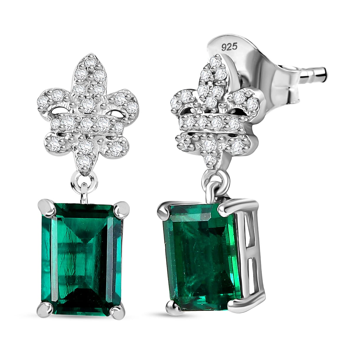 Lab Grown Emerald & White Zircon Dangling Earring in Rhodium Overlay Sterling Silver 2.05 Ct.