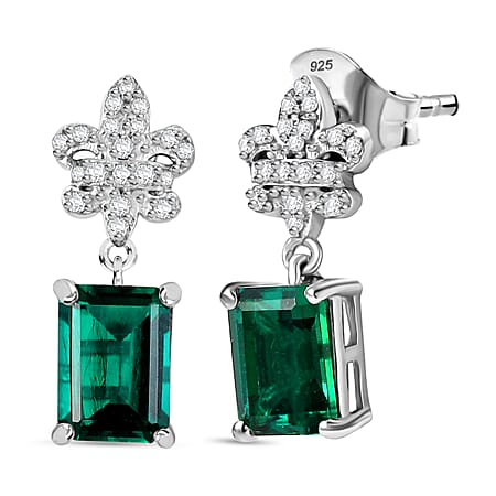 D'joy Lab Grown Emerald, White Zircon Dangling Earring in Rhodium Overlay Sterling Silver 2.05 Ct.