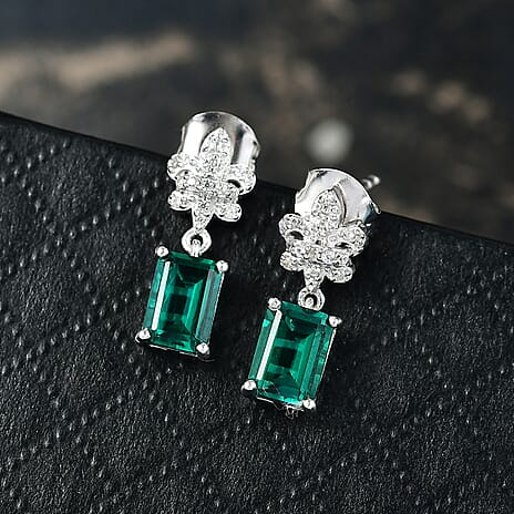 Lab Grown Emerald & White Zircon Dangling Earring in Rhodium Overlay Sterling Silver 2.05 Ct.