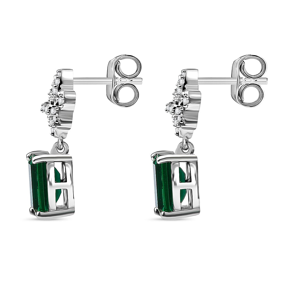 Lab Grown Emerald & White Zircon Dangling Earring in Rhodium Overlay Sterling Silver 2.05 Ct.