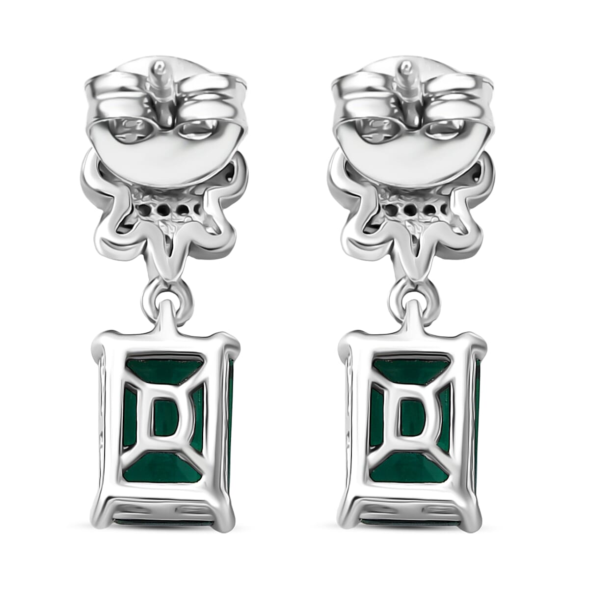 Lab Grown Emerald & White Zircon Dangling Earring in Rhodium Overlay Sterling Silver 2.05 Ct.