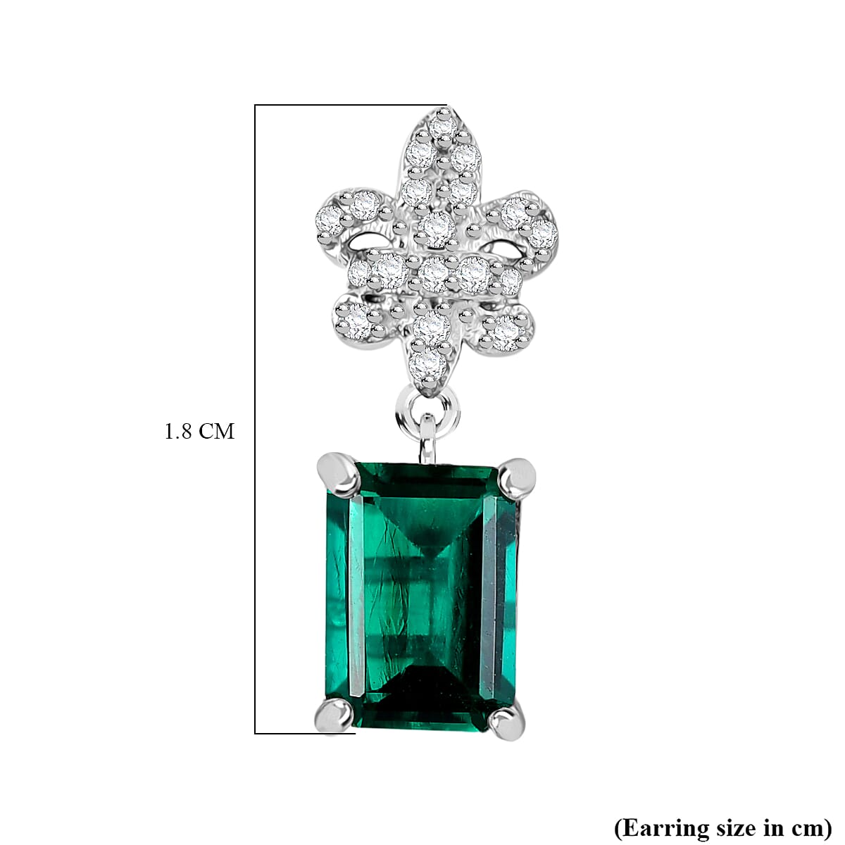 Lab Grown Emerald & White Zircon Dangling Earring in Rhodium Overlay Sterling Silver 2.05 Ct.