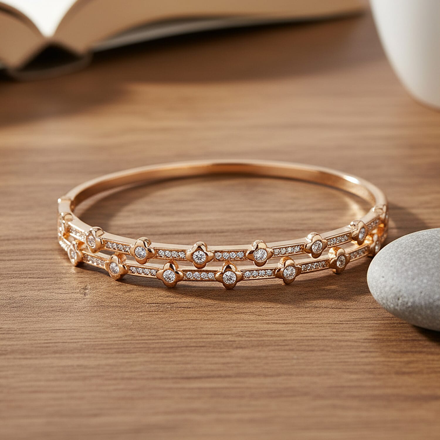 Austrian White Crystal Bubble Bangle (Size 7) in Yellow Gold Plated