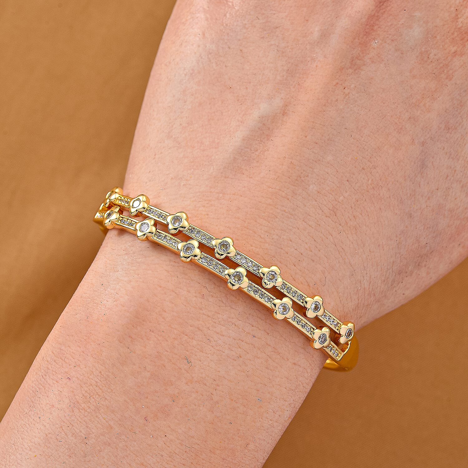 Austrian White Crystal Bubble Bangle (Size 7) in Yellow Gold Plated