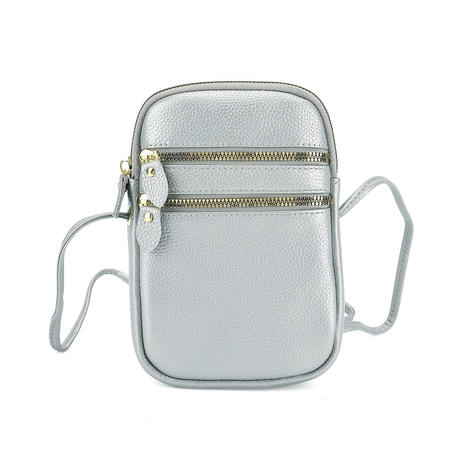 Designer Inspired-Genuine Leather Crossbody Bag - Silver