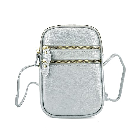 Designer Inspired-Genuine Leather Crossbody Bag - Silver