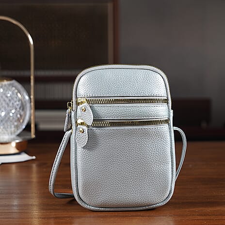 Designer Inspired-Genuine Leather Crossbody Bag - Silver
