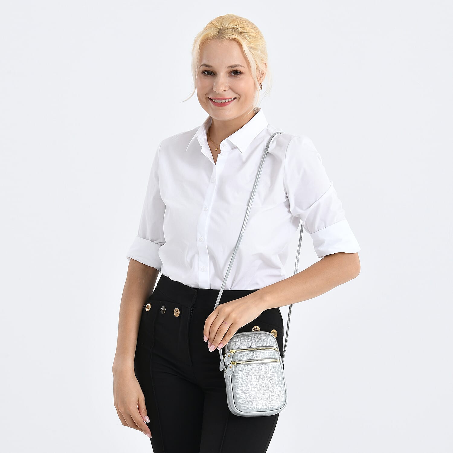 Designer Inspired-Genuine Leather Crossbody Bag - Silver