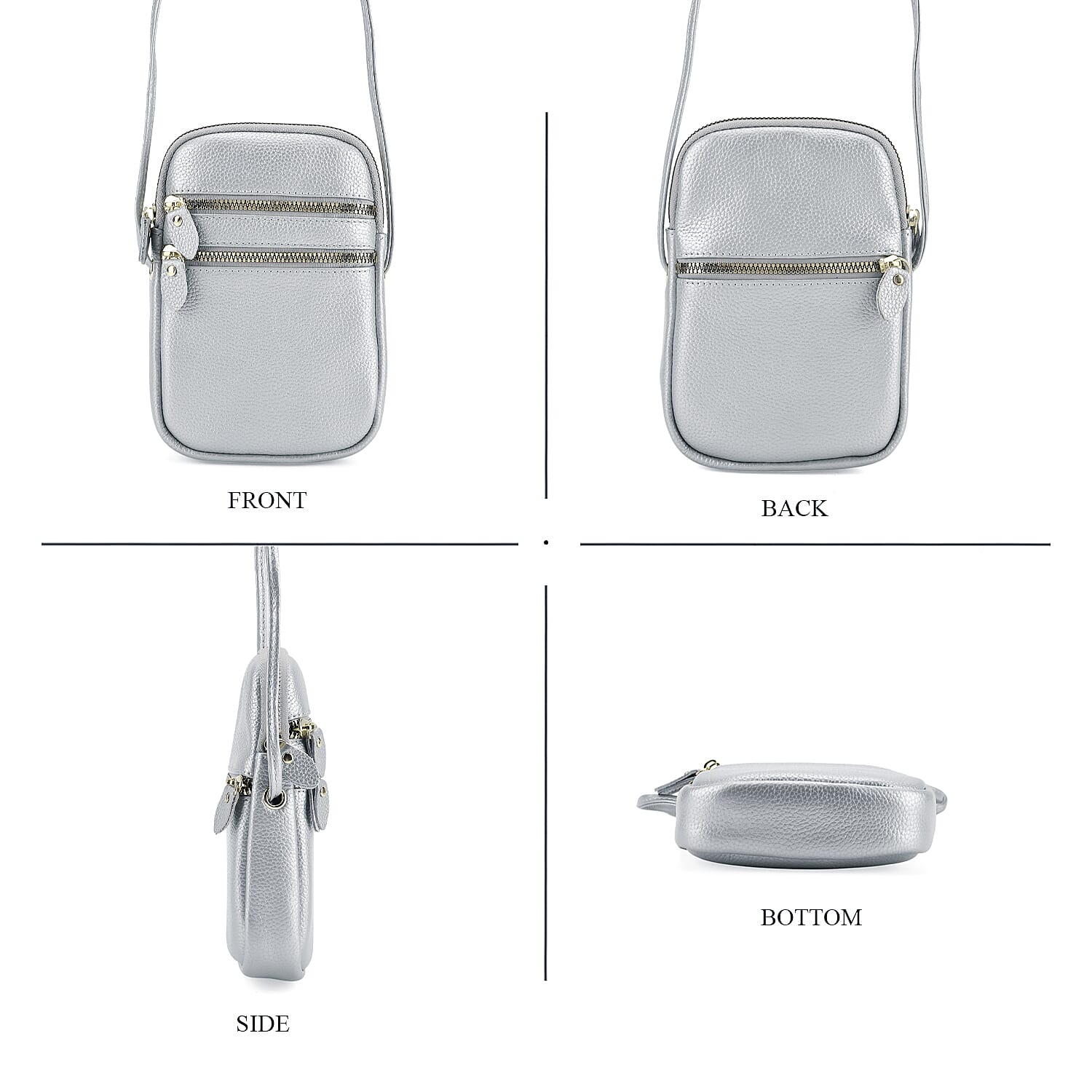 Designer Inspired-Genuine Leather Crossbody Bag - Silver