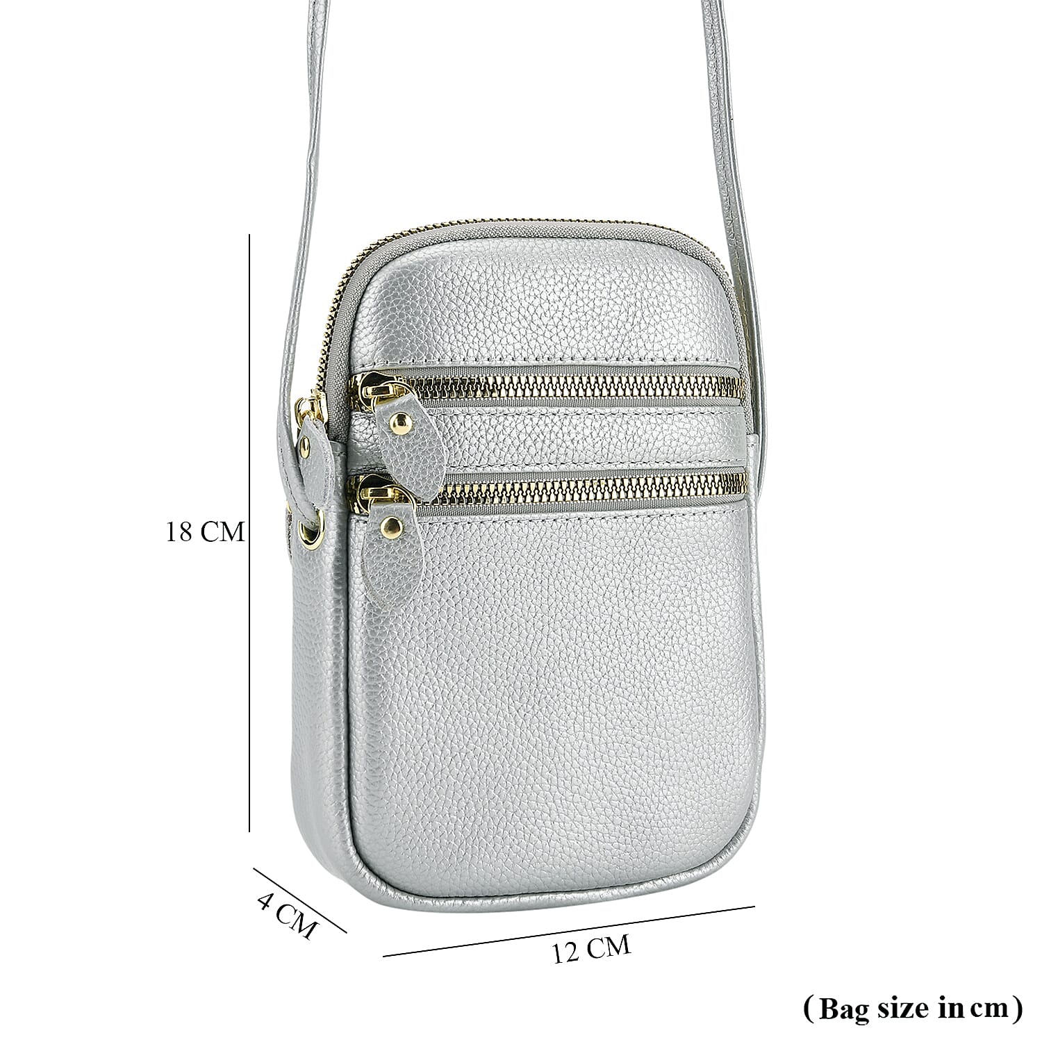 Designer Inspired-Genuine Leather Crossbody Bag - Silver