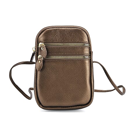 Designer Inspired-Genuine Leather  Crossbody Bag - Dark Gold