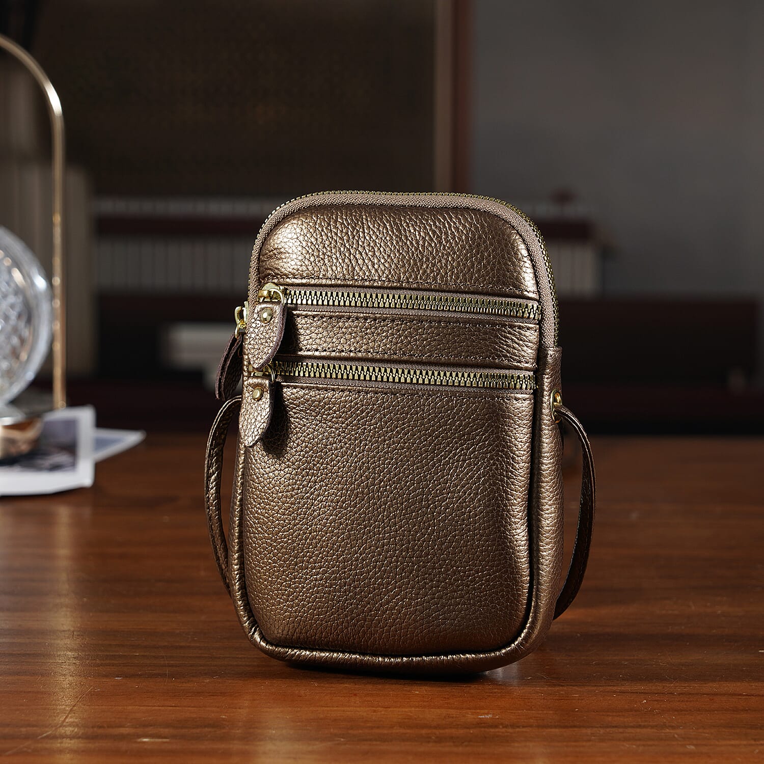 Designer Inspired-Genuine Leather  Crossbody Bag - Dark Gold