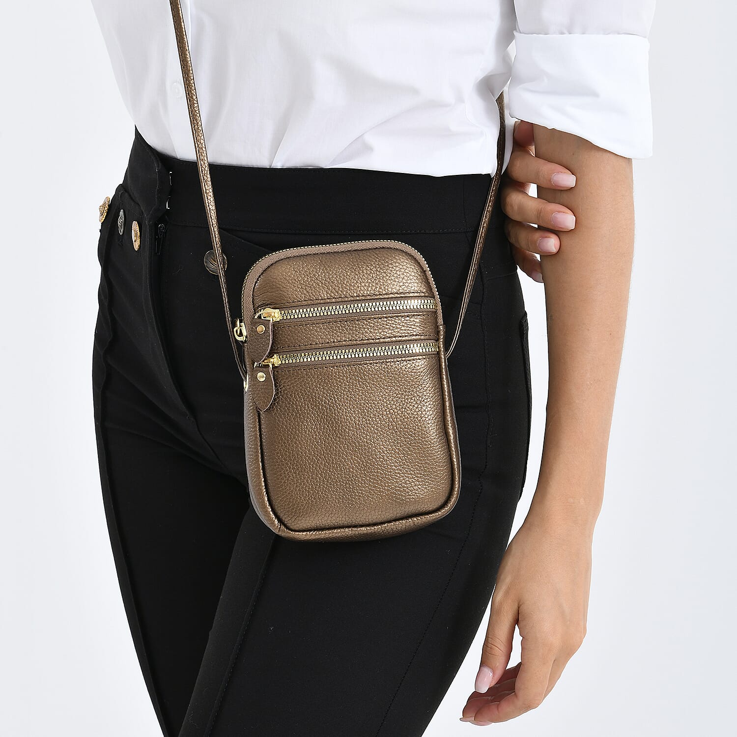 Designer Inspired-Genuine Leather  Crossbody Bag - Dark Gold