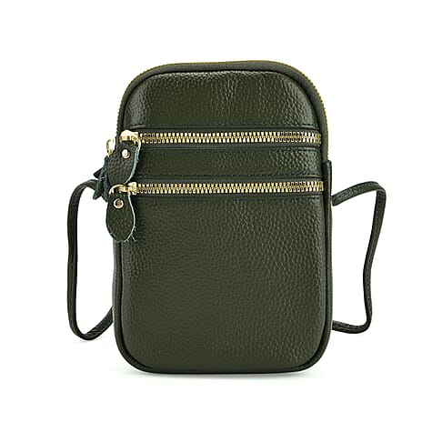 Designer Inspired-Genuine Leather Crossbody Bag - Dark Olive Green