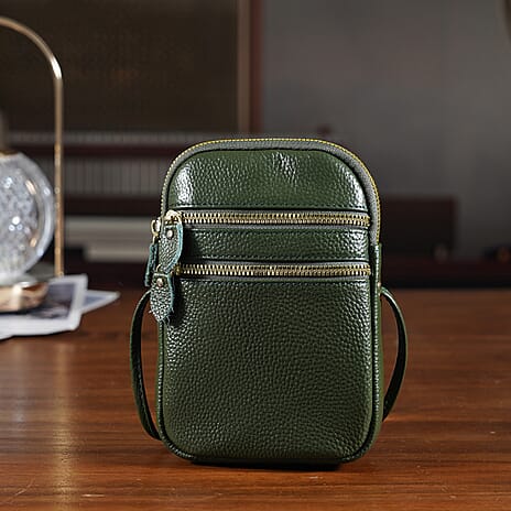 Designer Inspired-Genuine Leather Crossbody Bag - Dark Olive Green