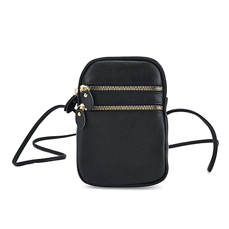 Designer Inspired-Genuine Leather Crossbody Bag - Black
