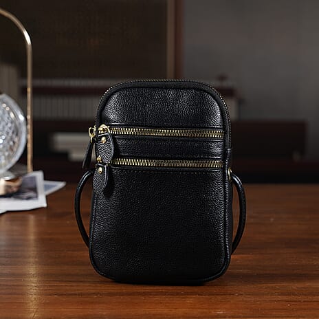 Designer Inspired-Genuine Leather Crossbody Bag - Black