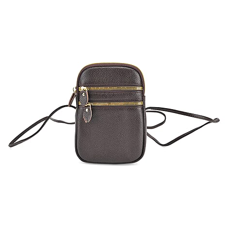 Designer Inspired-Genuine Leather  Crossbody Bag - Dark Brown