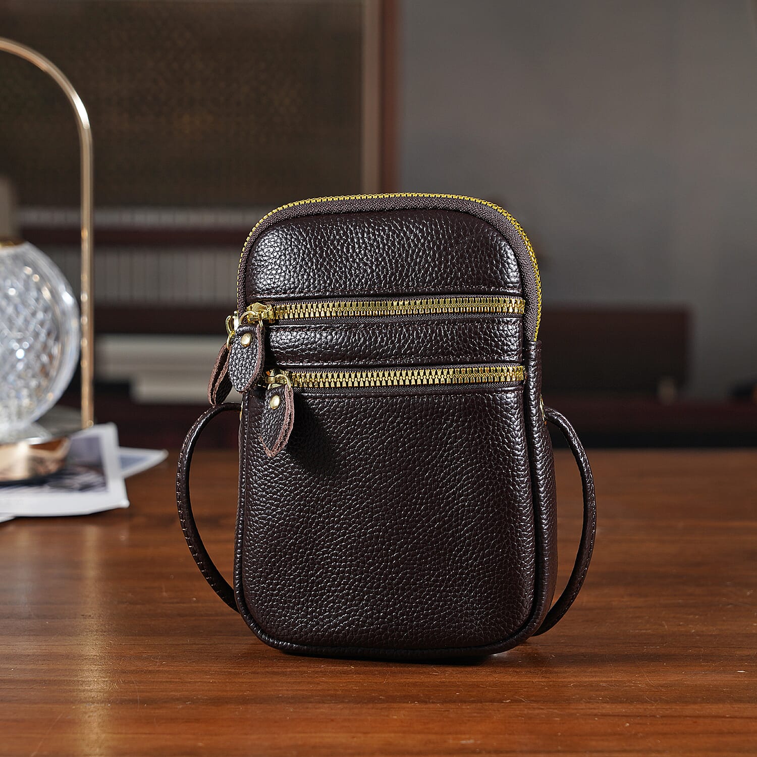 Designer Inspired-Genuine Leather  Crossbody Bag - Dark Brown