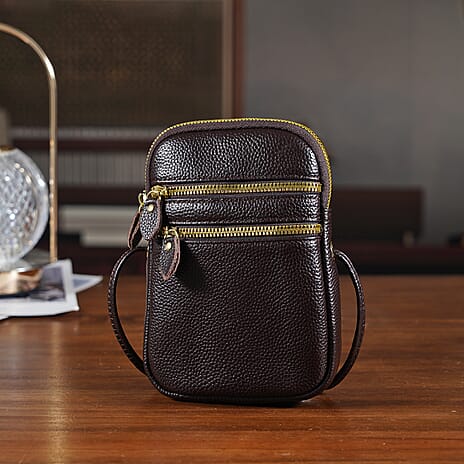 Designer Inspired-Genuine Leather  Crossbody Bag - Dark Brown