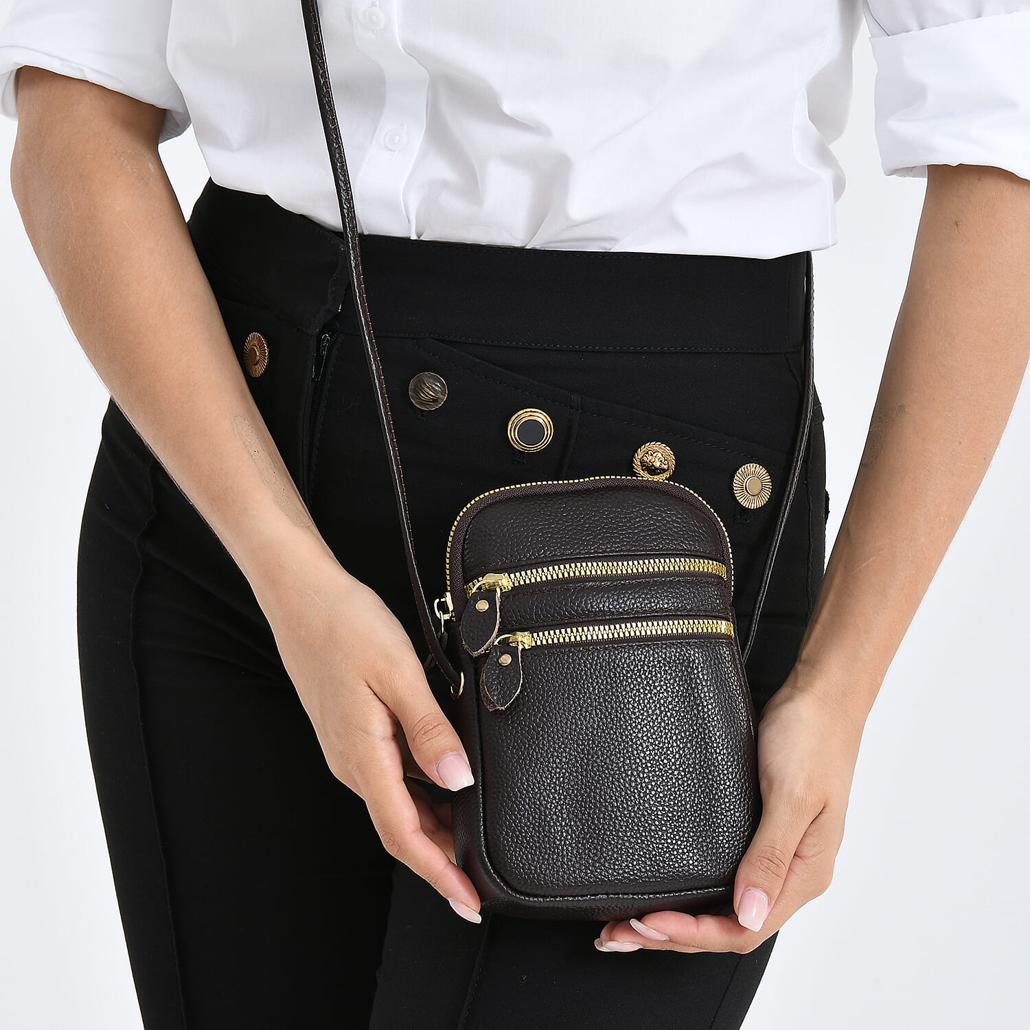 Designer Inspired-Genuine Leather  Crossbody Bag - Dark Brown