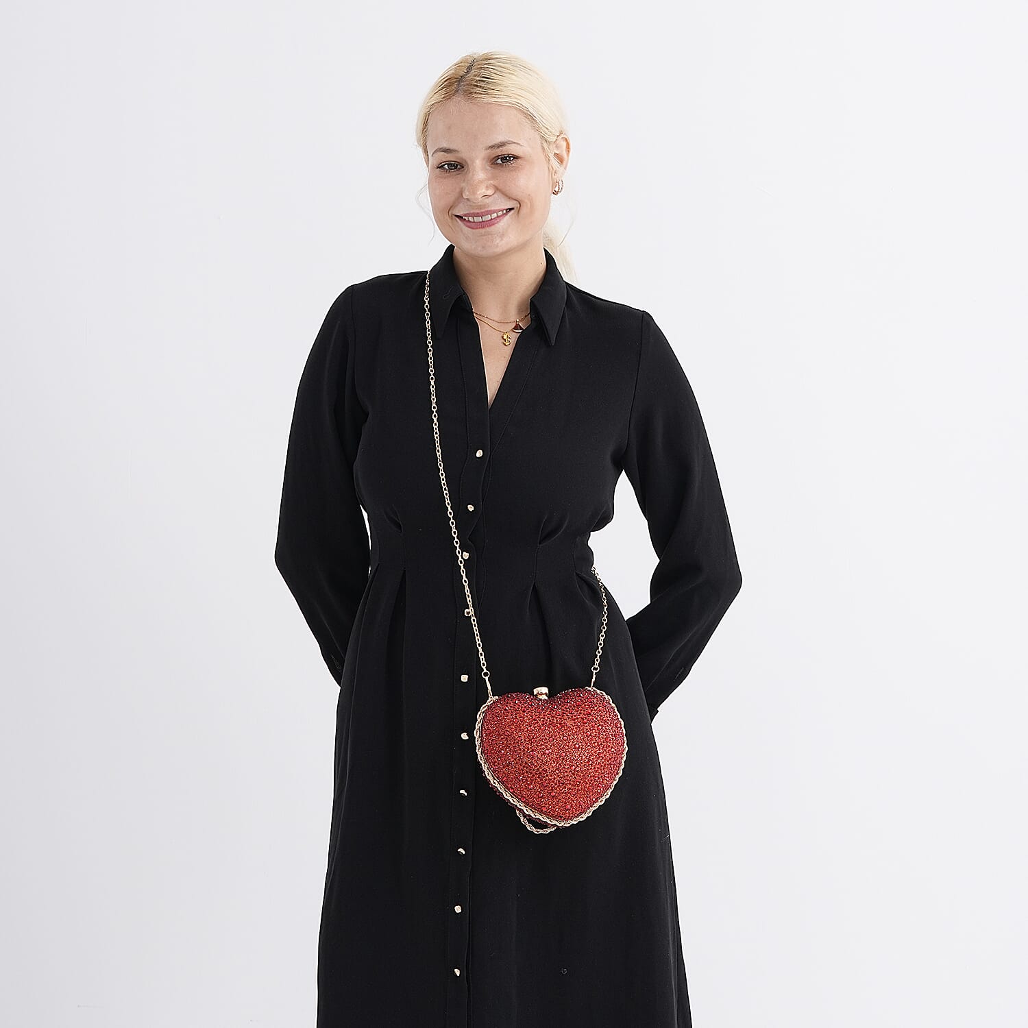 Sheeny Heart-Shaped Crystal Clutch Bag - Red