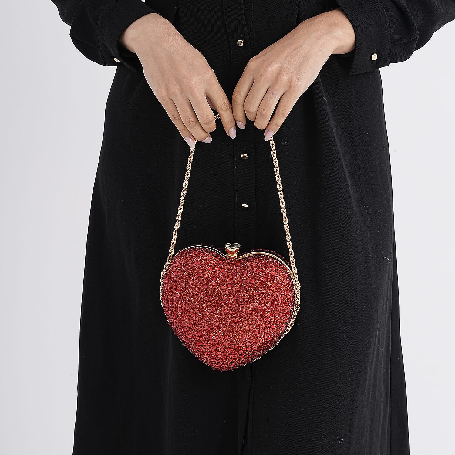 Sheeny Heart-Shaped Crystal Clutch Bag - Red