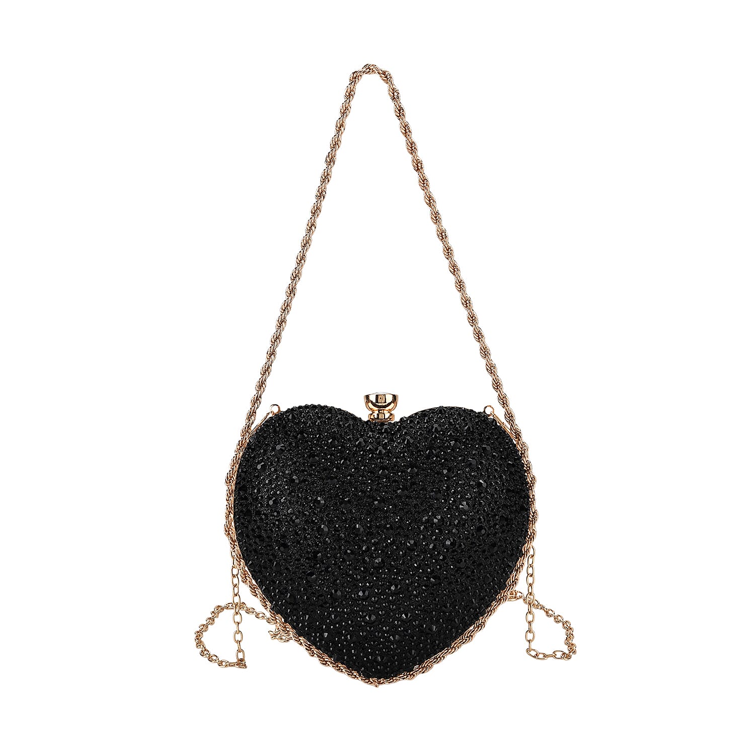 Sheeny Heart-Shaped Crystal Clutch Bag - Black