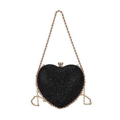 Sheeny Heart-Shaped Crystal Clutch Bag - Black