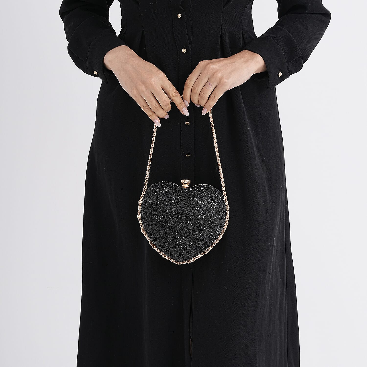 Sheeny Heart-Shaped Crystal Clutch Bag - Black