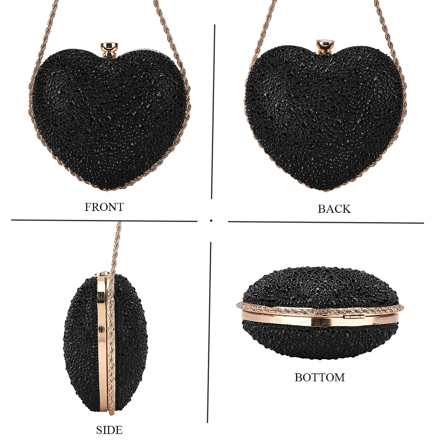 Sheeny Heart-Shaped Crystal Clutch Bag - Black