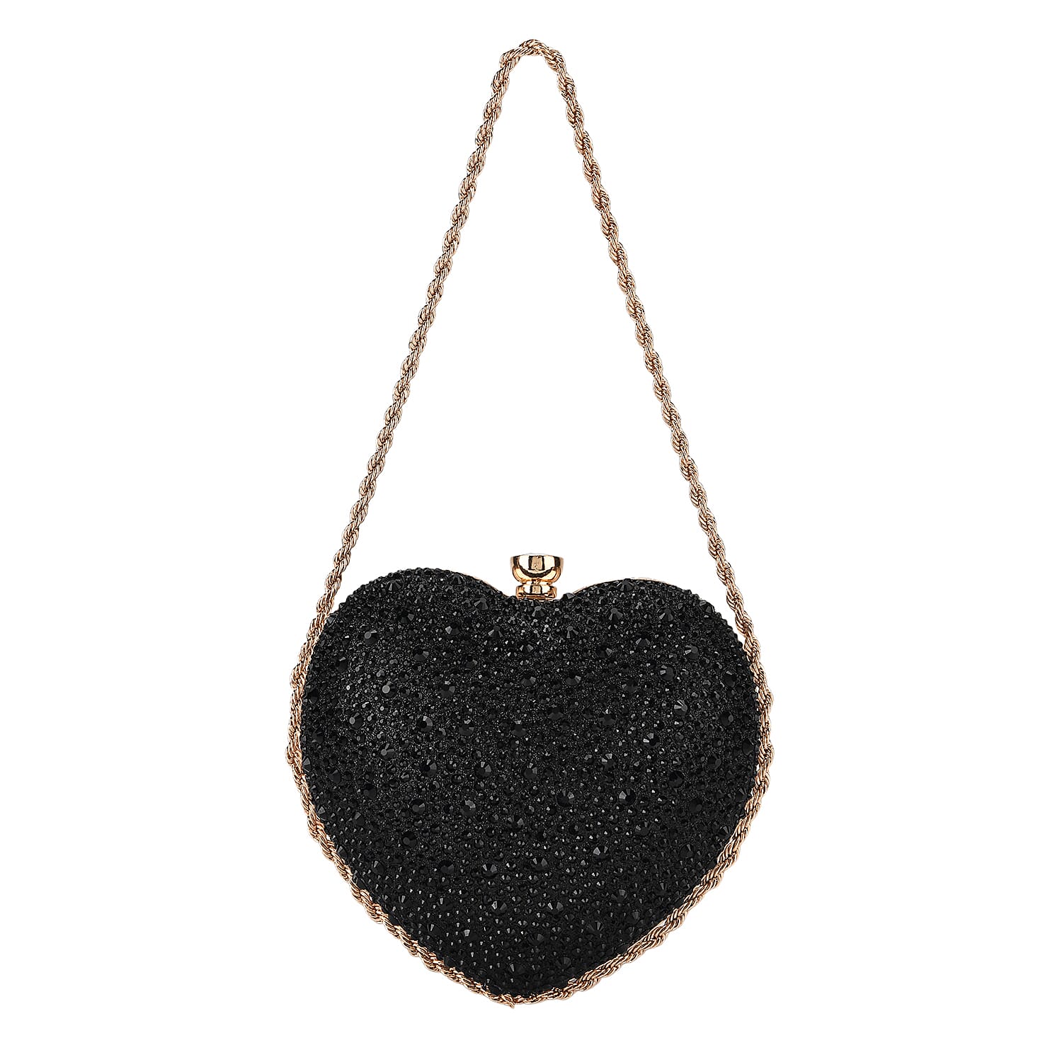 Sheeny Heart-Shaped Crystal Clutch Bag - Black