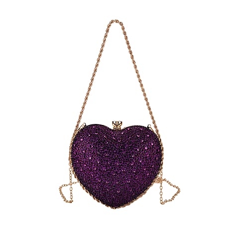 Sheeny Heart-Shaped Crystal Clutch Bag - Purple