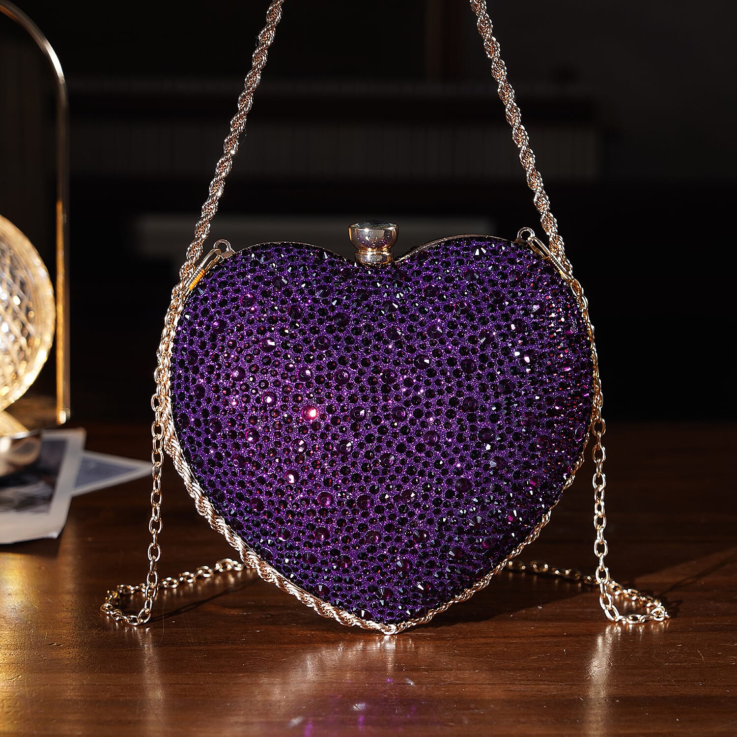 Sheeny Heart-Shaped Crystal Clutch Bag - Purple