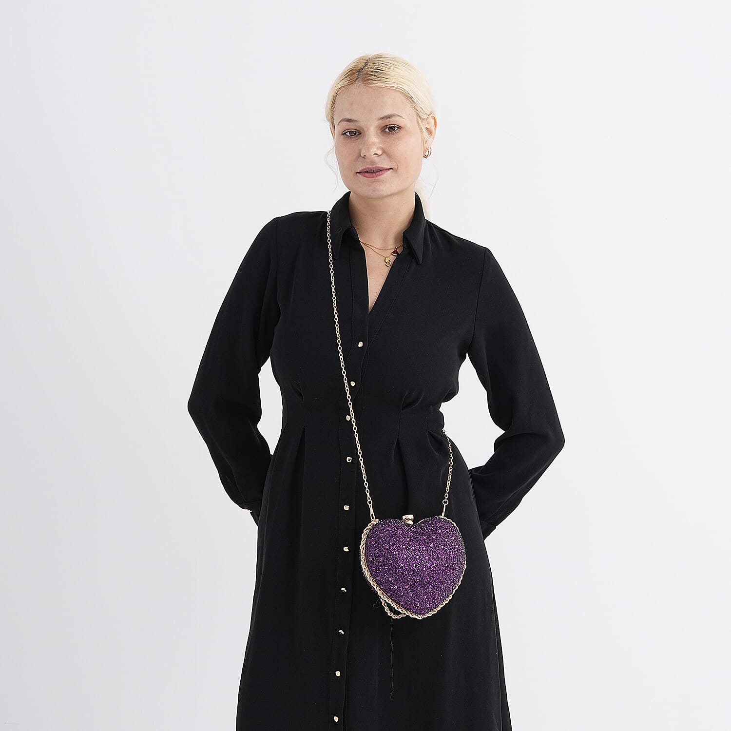 Sheeny Heart-Shaped Crystal Clutch Bag - Purple