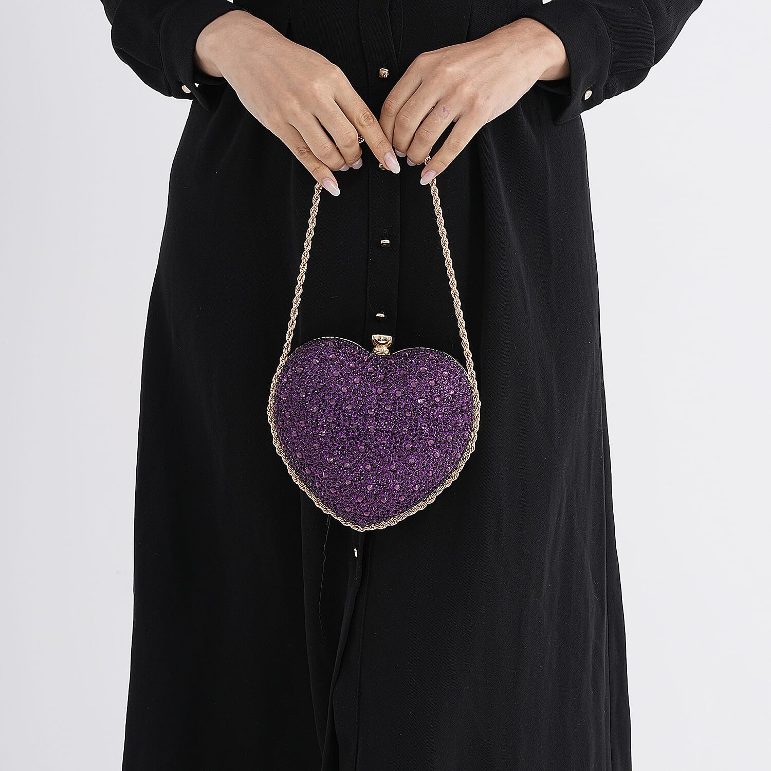 Sheeny Heart-Shaped Crystal Clutch Bag - Purple