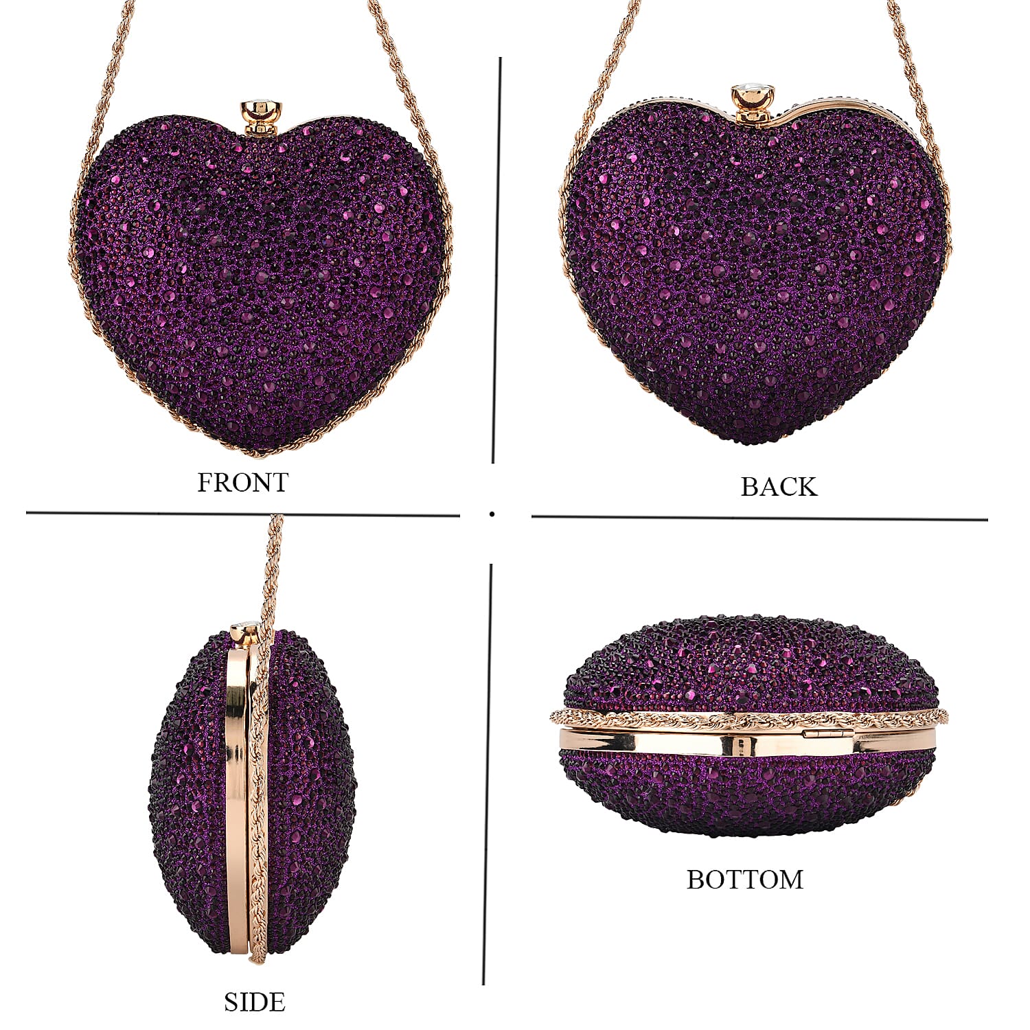 Sheeny Heart-Shaped Crystal Clutch Bag - Purple