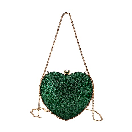 Sheeny Heart-Shaped Crystal Clutch Bag - Green