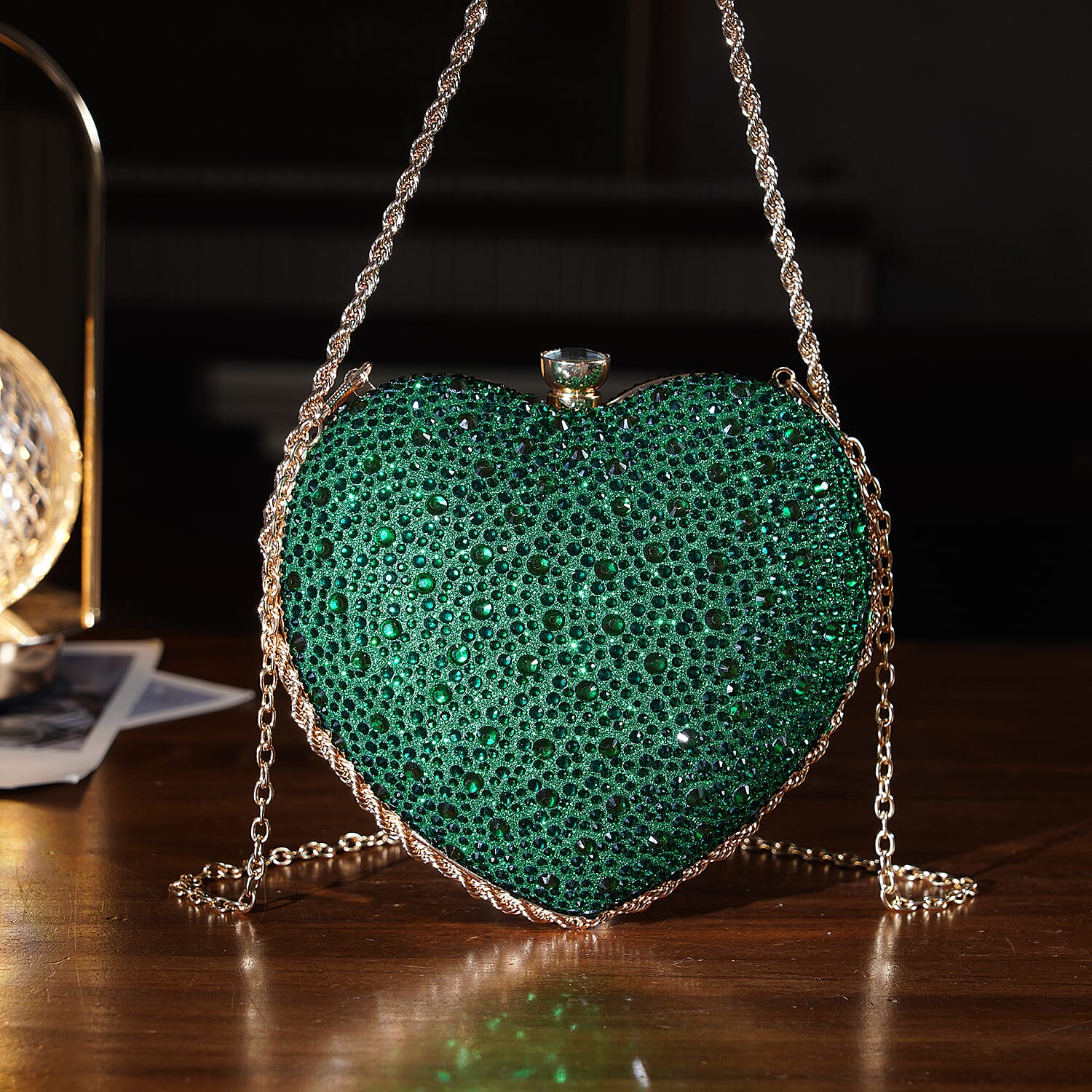 Sheeny Heart-Shaped Crystal Clutch Bag - Green