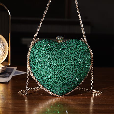 Sheeny Heart-Shaped Crystal Clutch Bag - Green