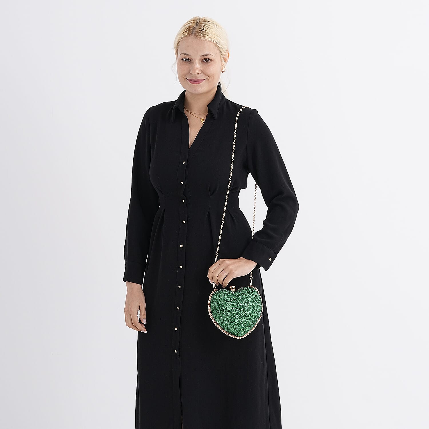 Sheeny Heart-Shaped Crystal Clutch Bag - Green