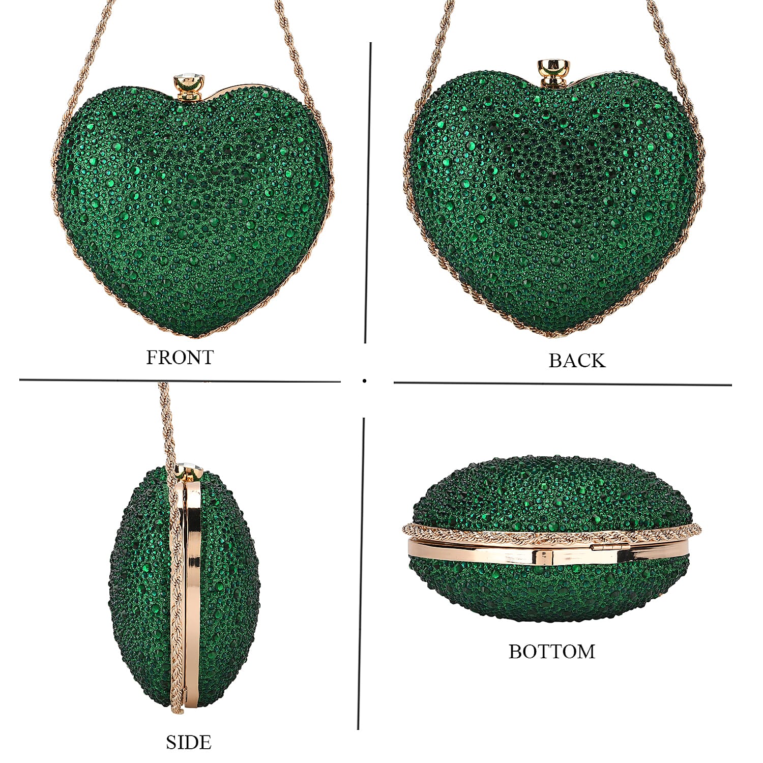 Sheeny Heart-Shaped Crystal Clutch Bag - Green