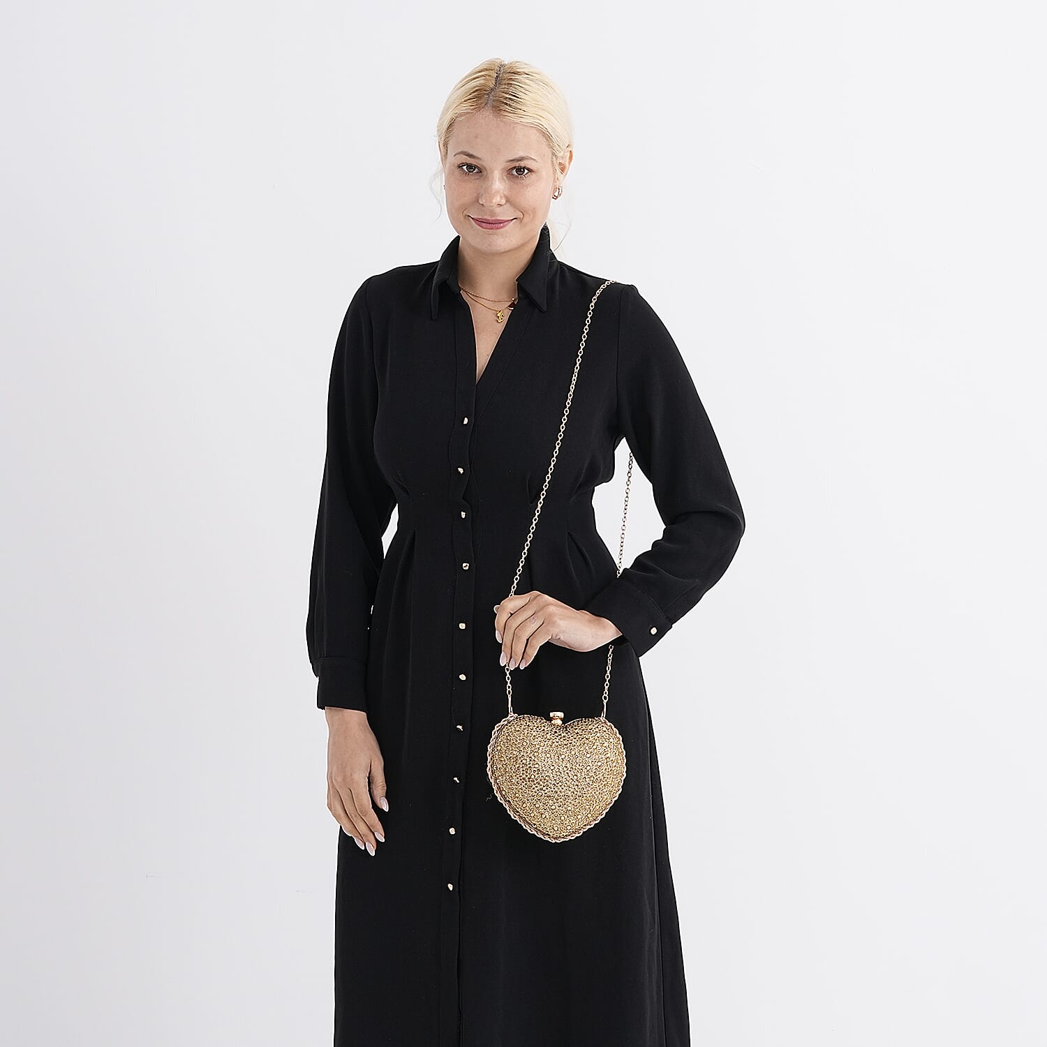 Sheeny Heart-Shaped Crystal Clutch Bag - Gold