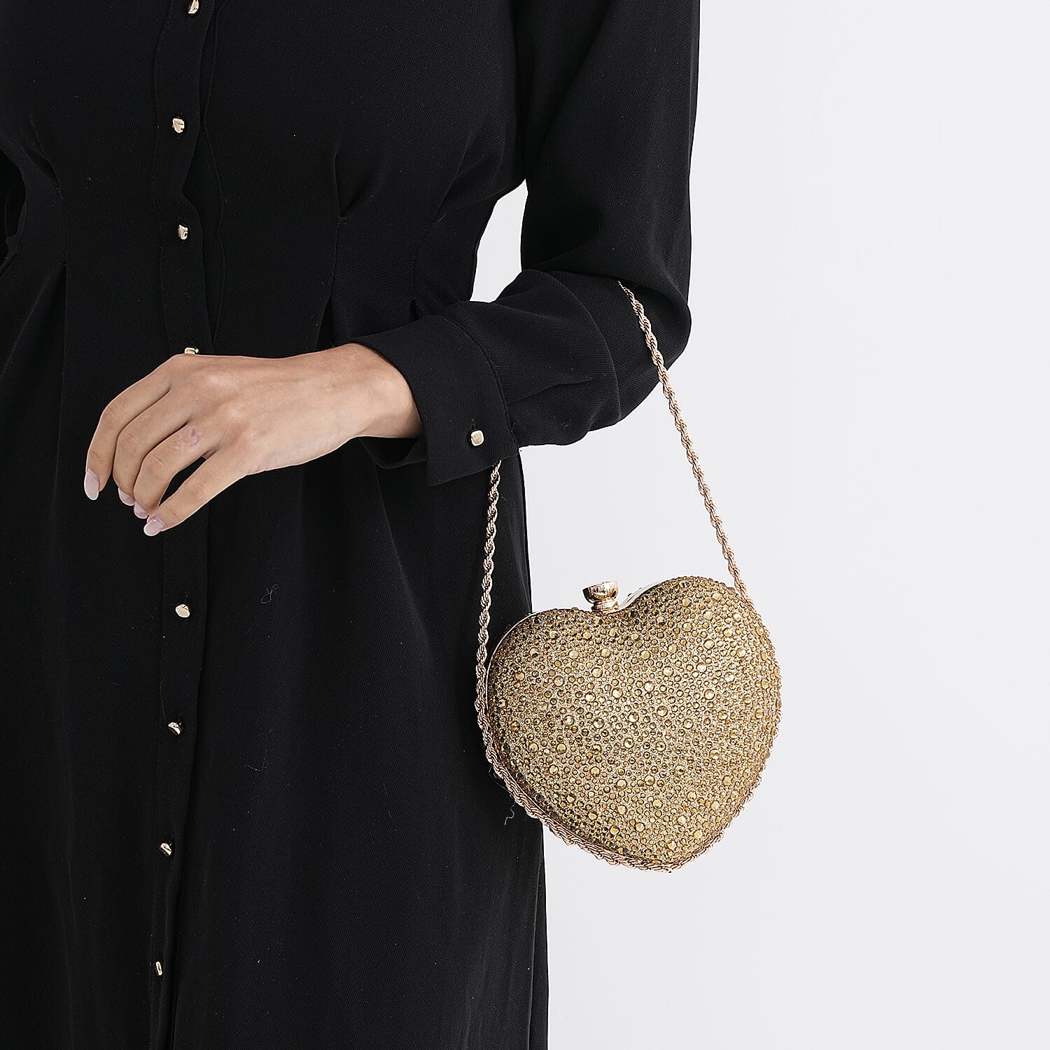 Sheeny Heart-Shaped Crystal Clutch Bag - Gold