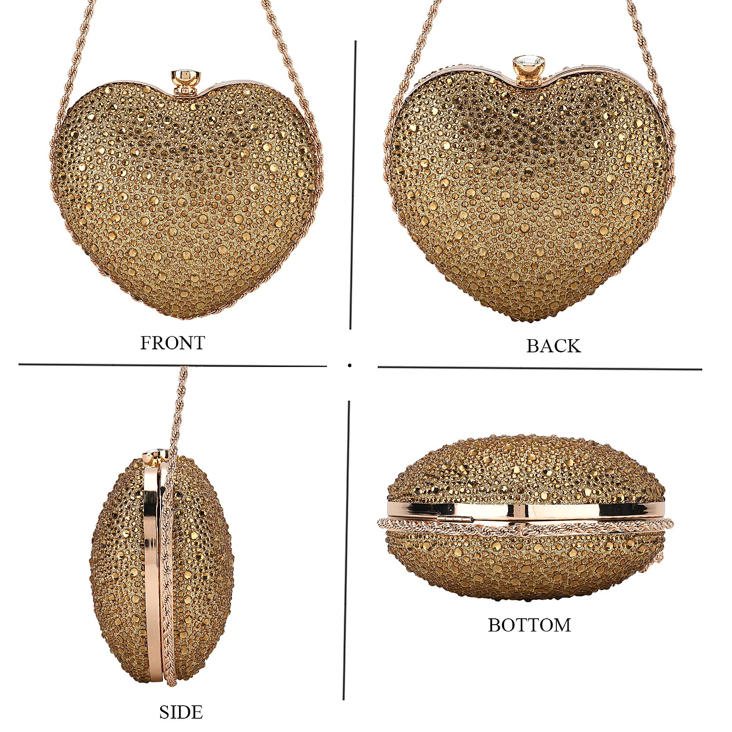 Sheeny Heart-Shaped Crystal Clutch Bag - Gold